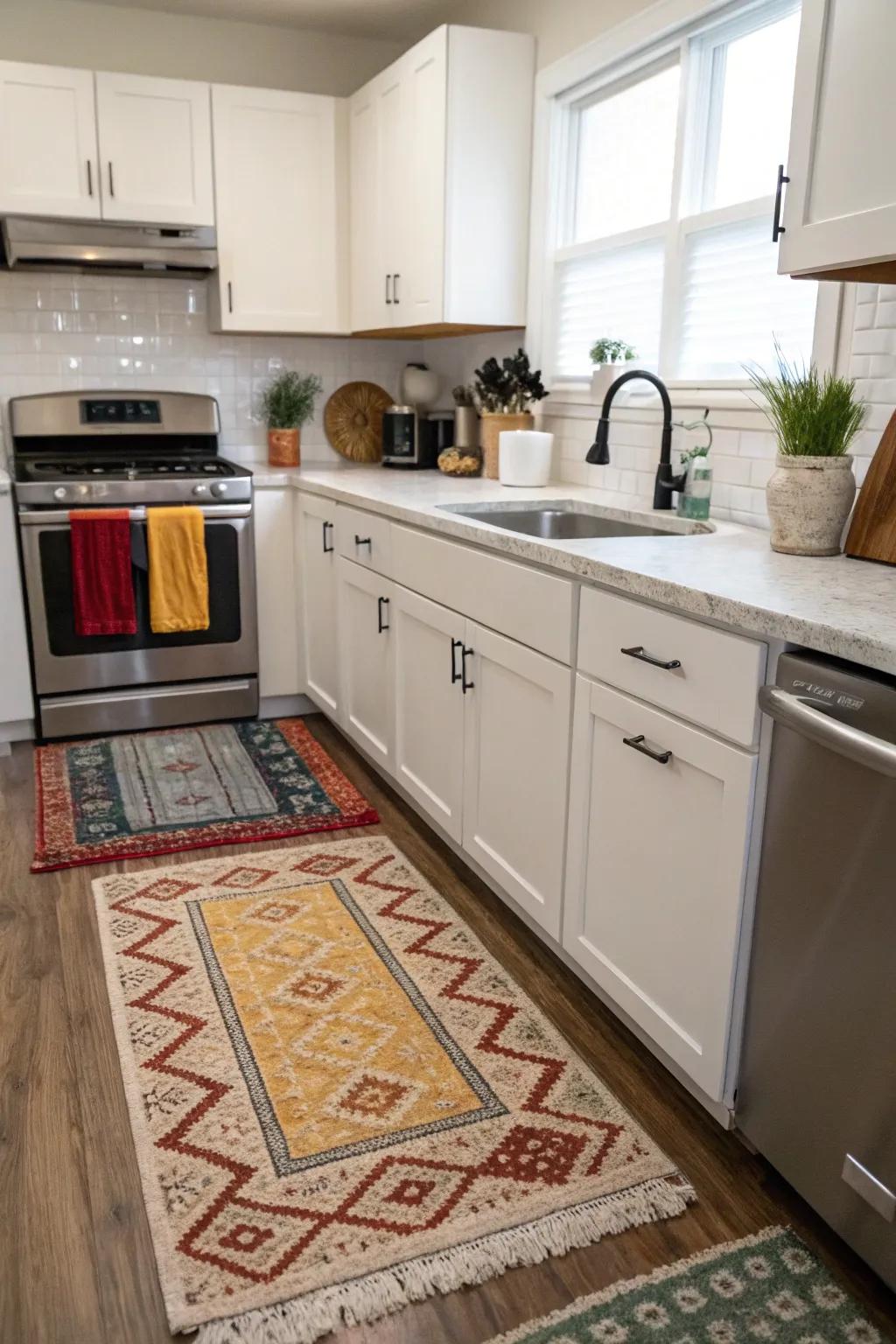 Strategically placed carpets enhance comfort and practicality in the kitchen.