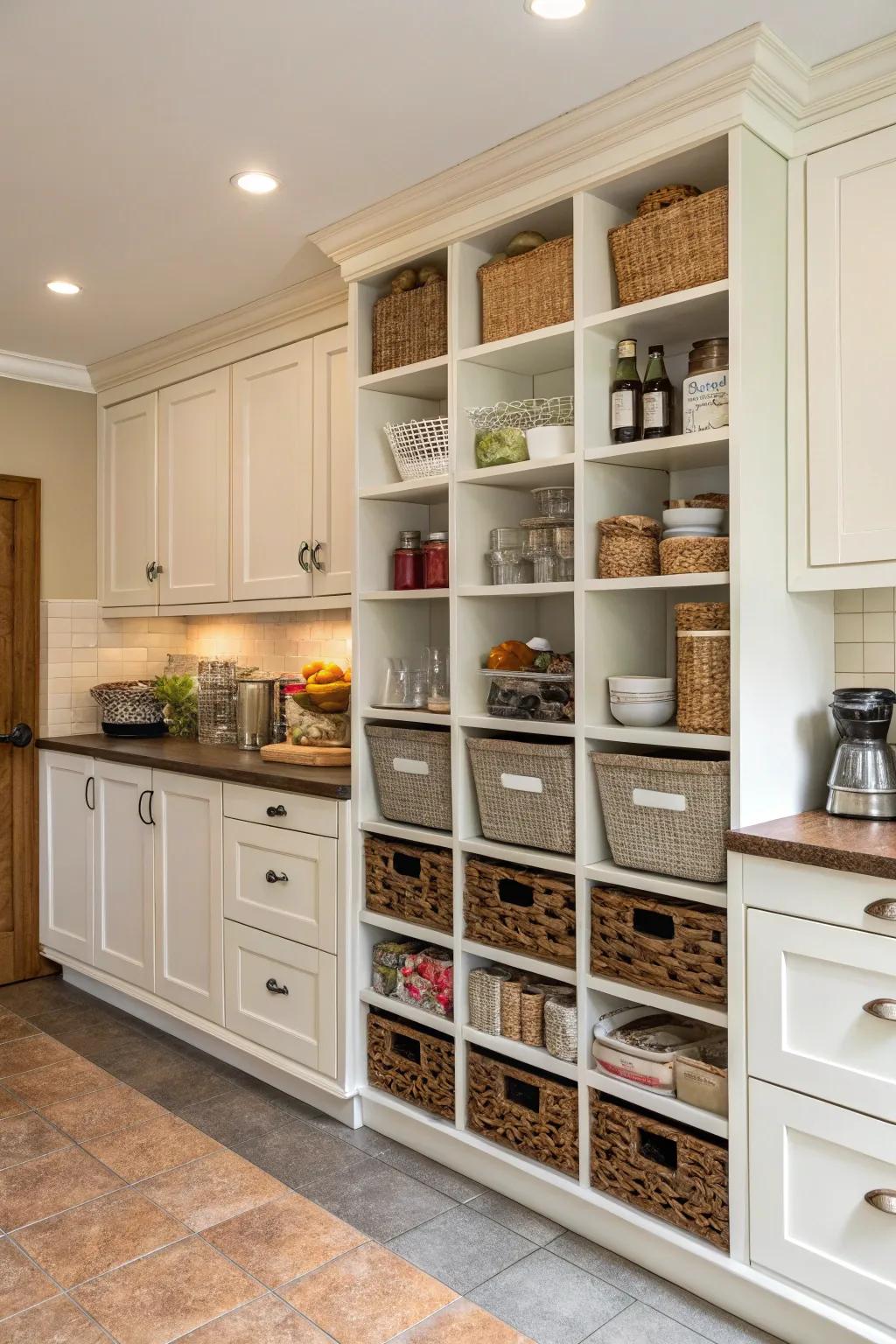 The soffit has been transformed into storage cubbies, which improves organization and usability.