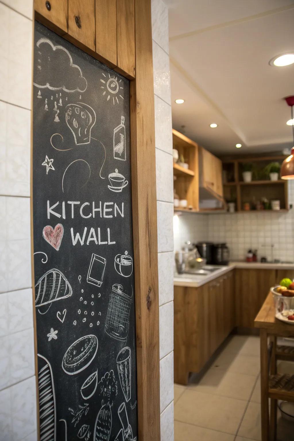 A kitchen with a chalkboard wall, delivering a creative and personal touch.