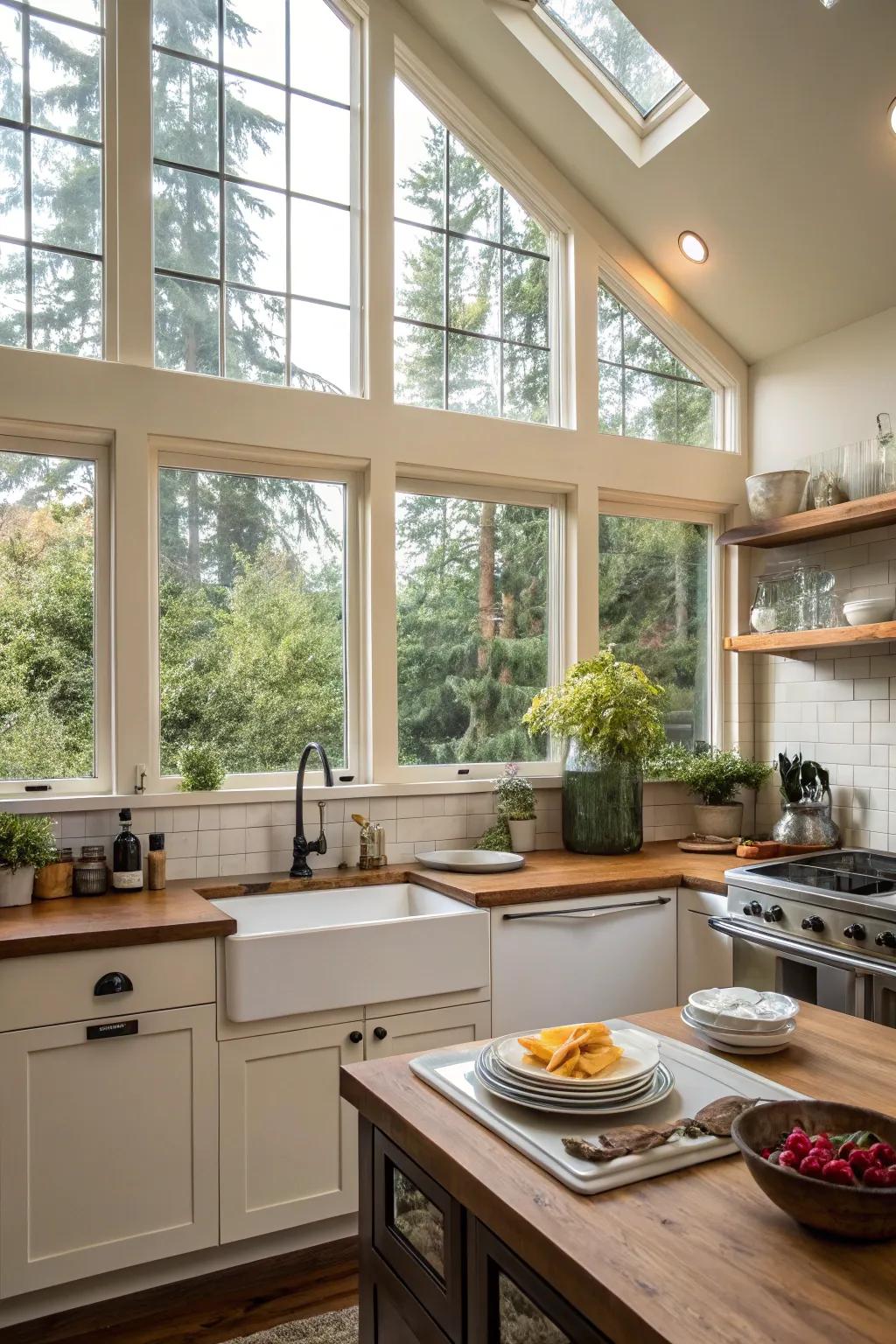 A kitchen awash in light from high windows.