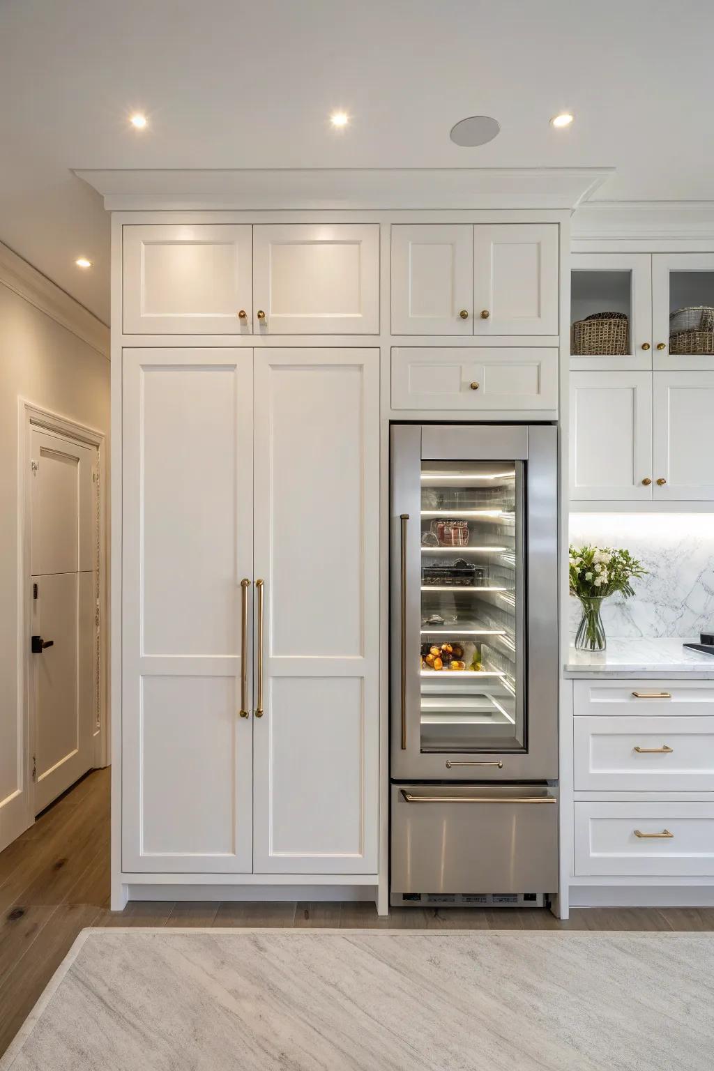 A fully integrated refrigerator that harmonizes flawlessly with the kitchen's cabinetry, underscoring a minimalistic motif.