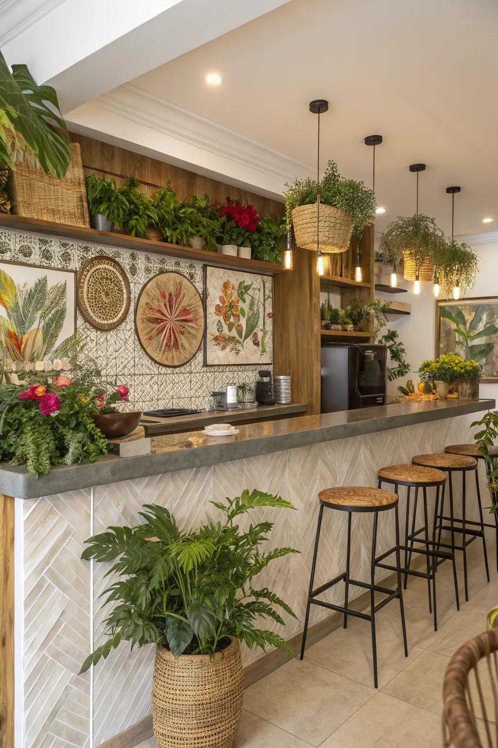 Decorative flora and paintings brighten up a breakfast bar.