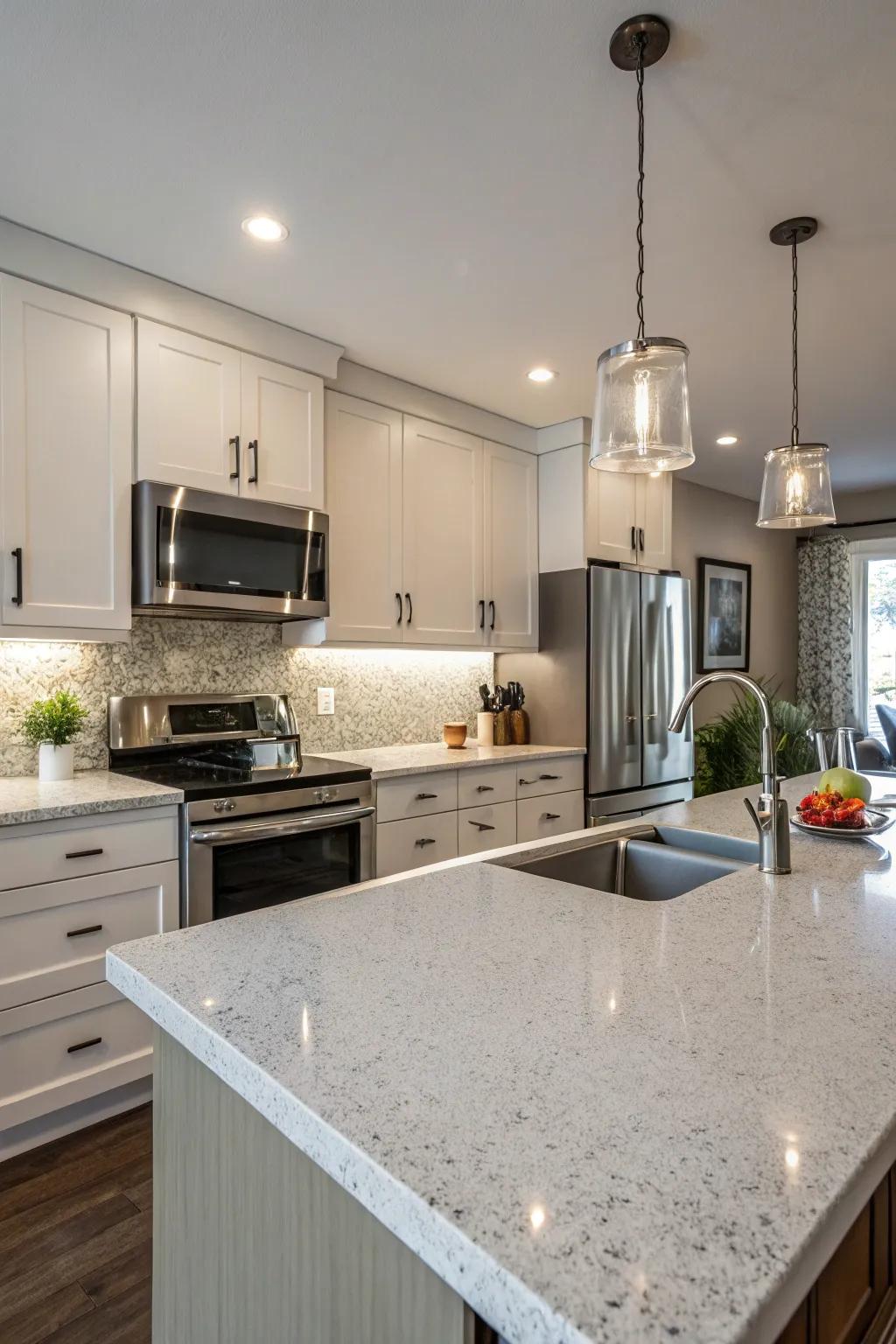 Textured quartz expanses lending profundity to the kitchen.