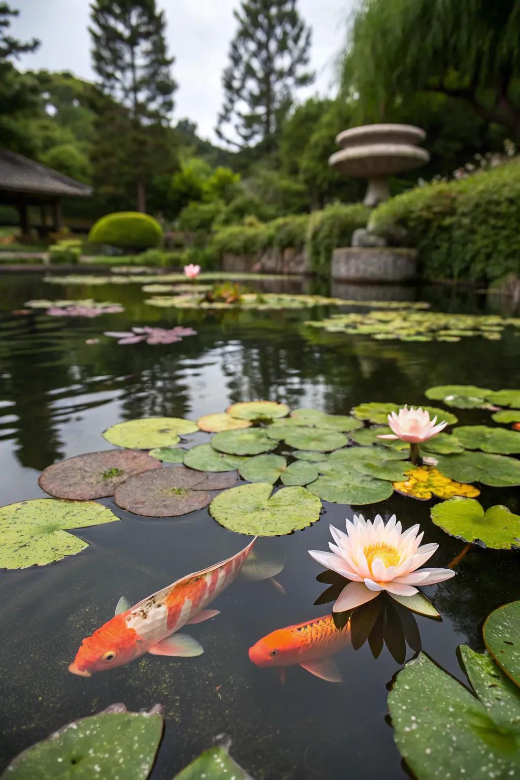 A koi pond adorned with water lilies forming a natural shield.