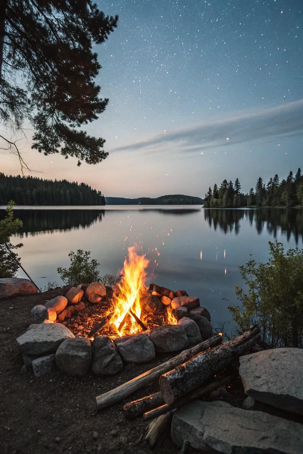 The mix of fire and water makes a captivating lakeside feel.