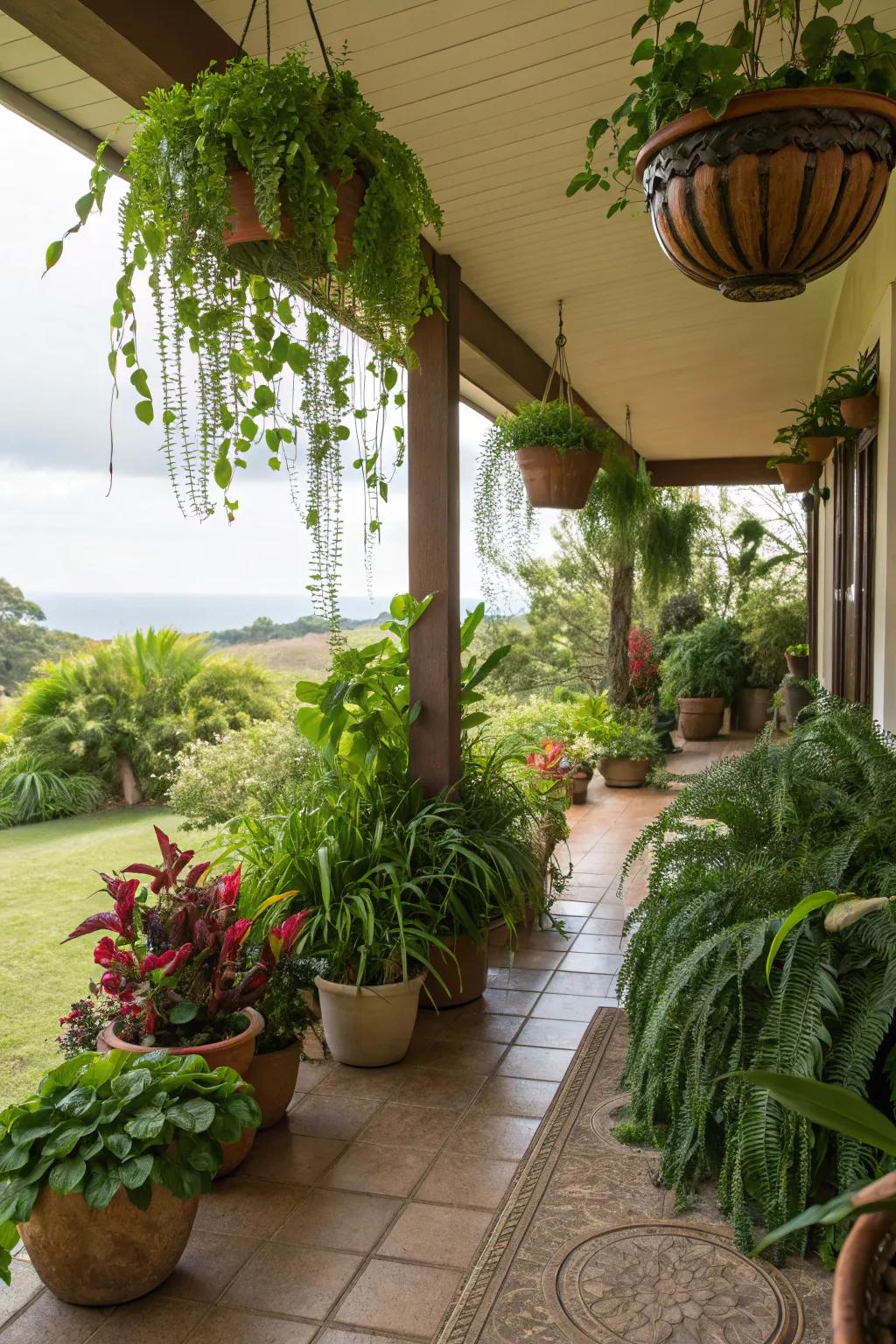 Greenery breathes life into this lanai space.