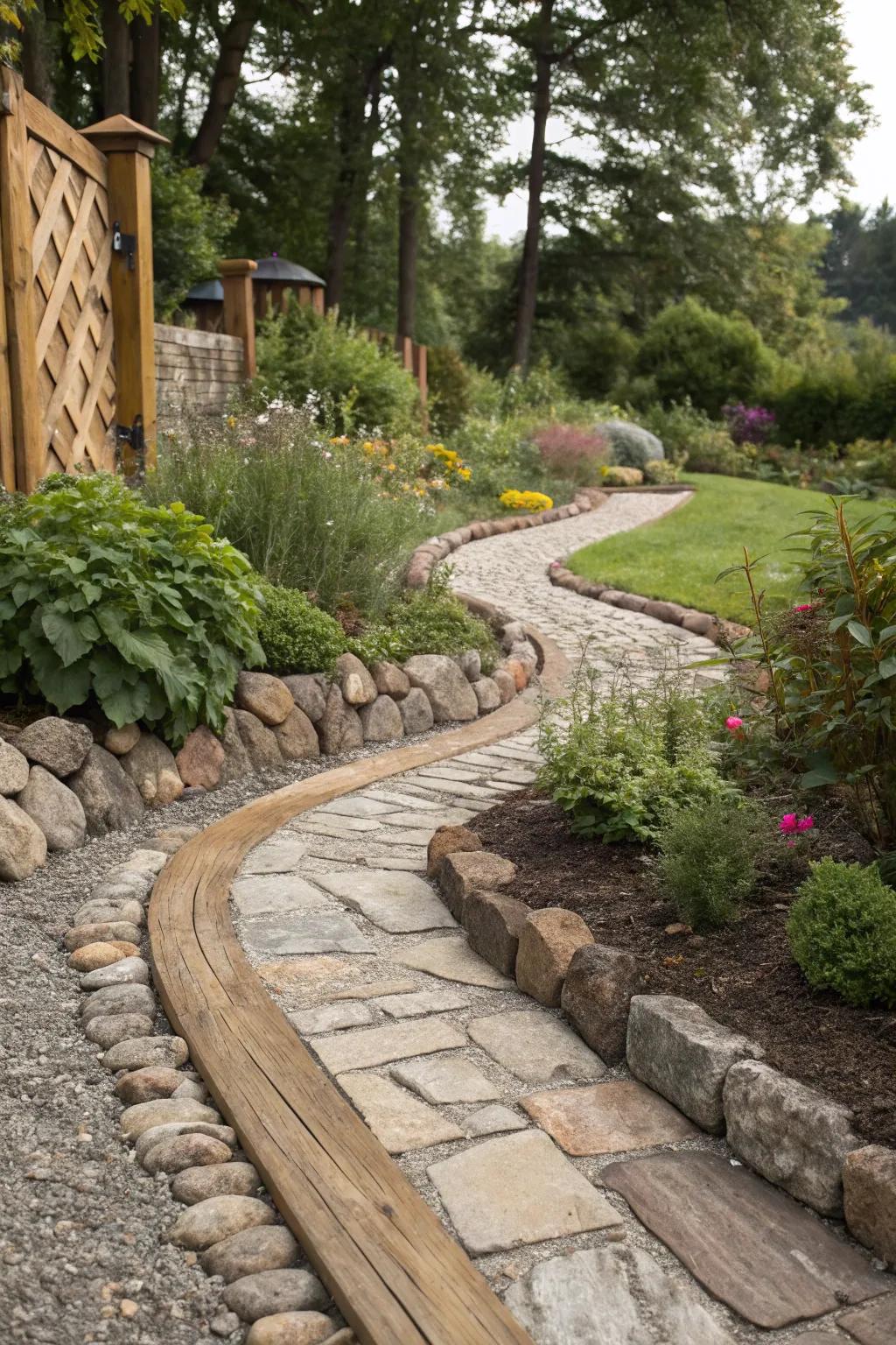 Mixing materials adds texture and visual interest to your yard outlining.