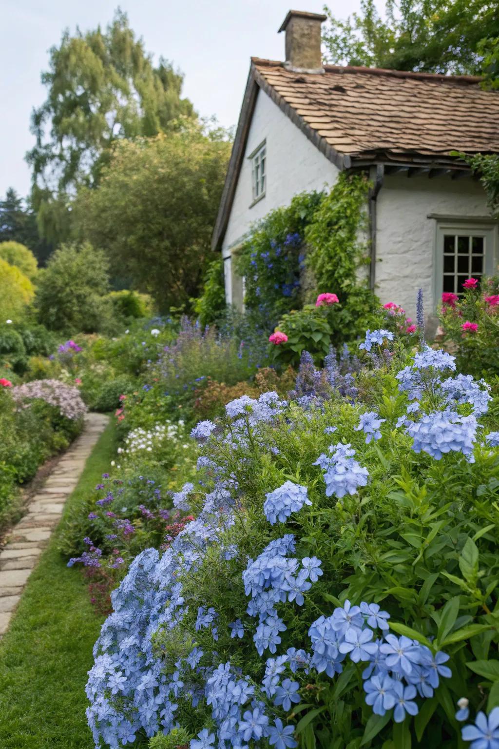 A charming quaint garden showcasing azure Skyflower blooms.