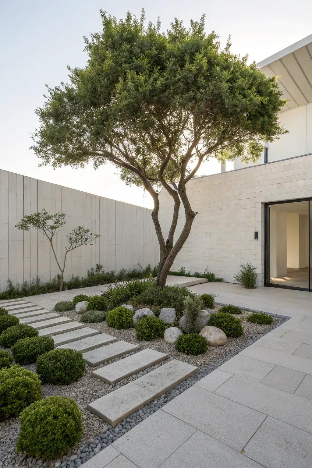 A tree with simple landscaping, offering a modern and clean feel.