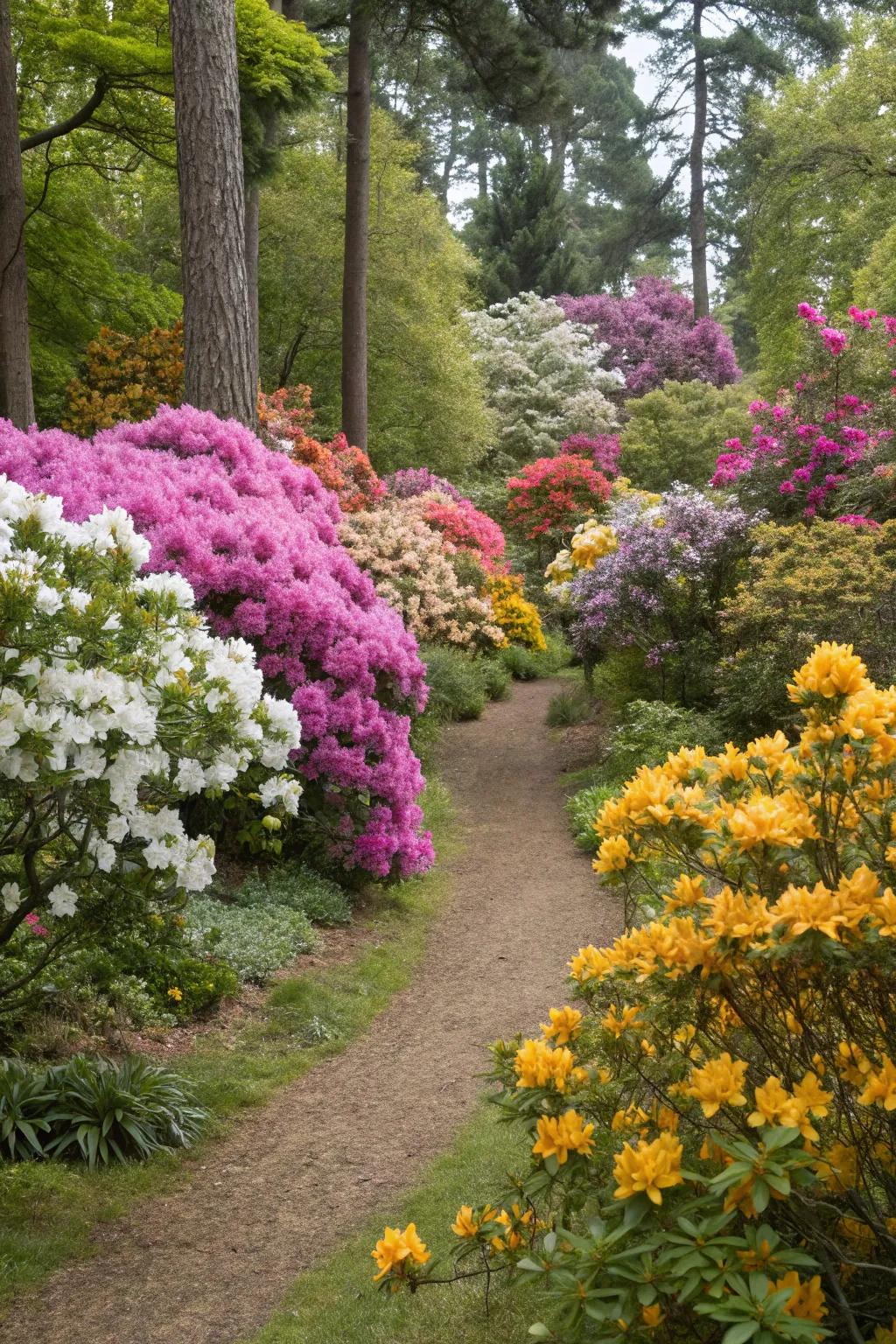 A garden showcasing rhododendrons enhanced with seasonal inflorescence.