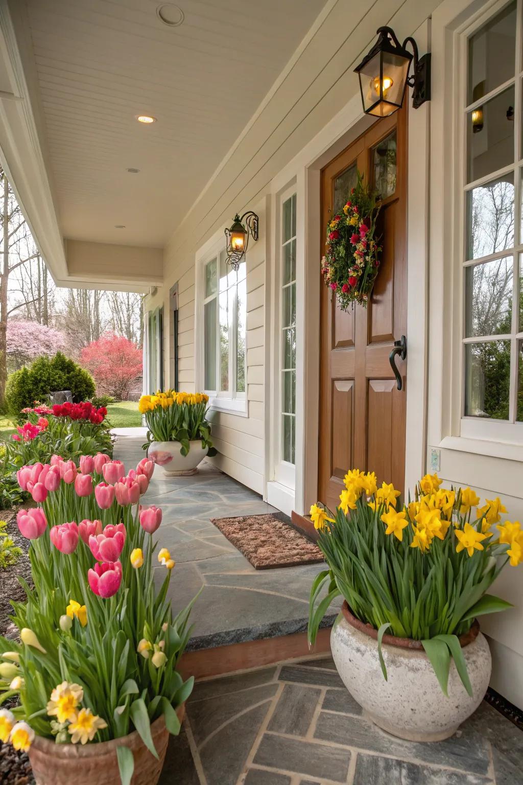 A welcoming home entrance adorned with vibrant tulips and daffodils.