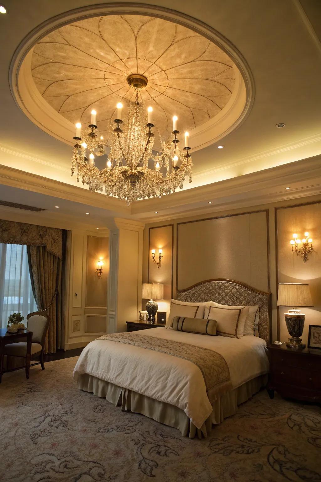 Layered lighting adds significance and proportion to this roomy boudoir.