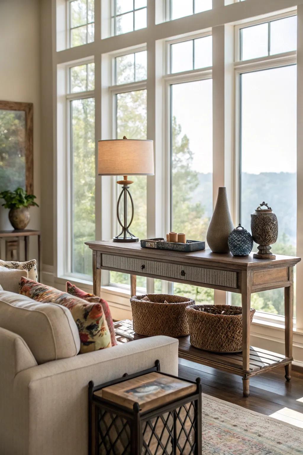 A chic surface desk that adds practicality and flair to the window precinct.