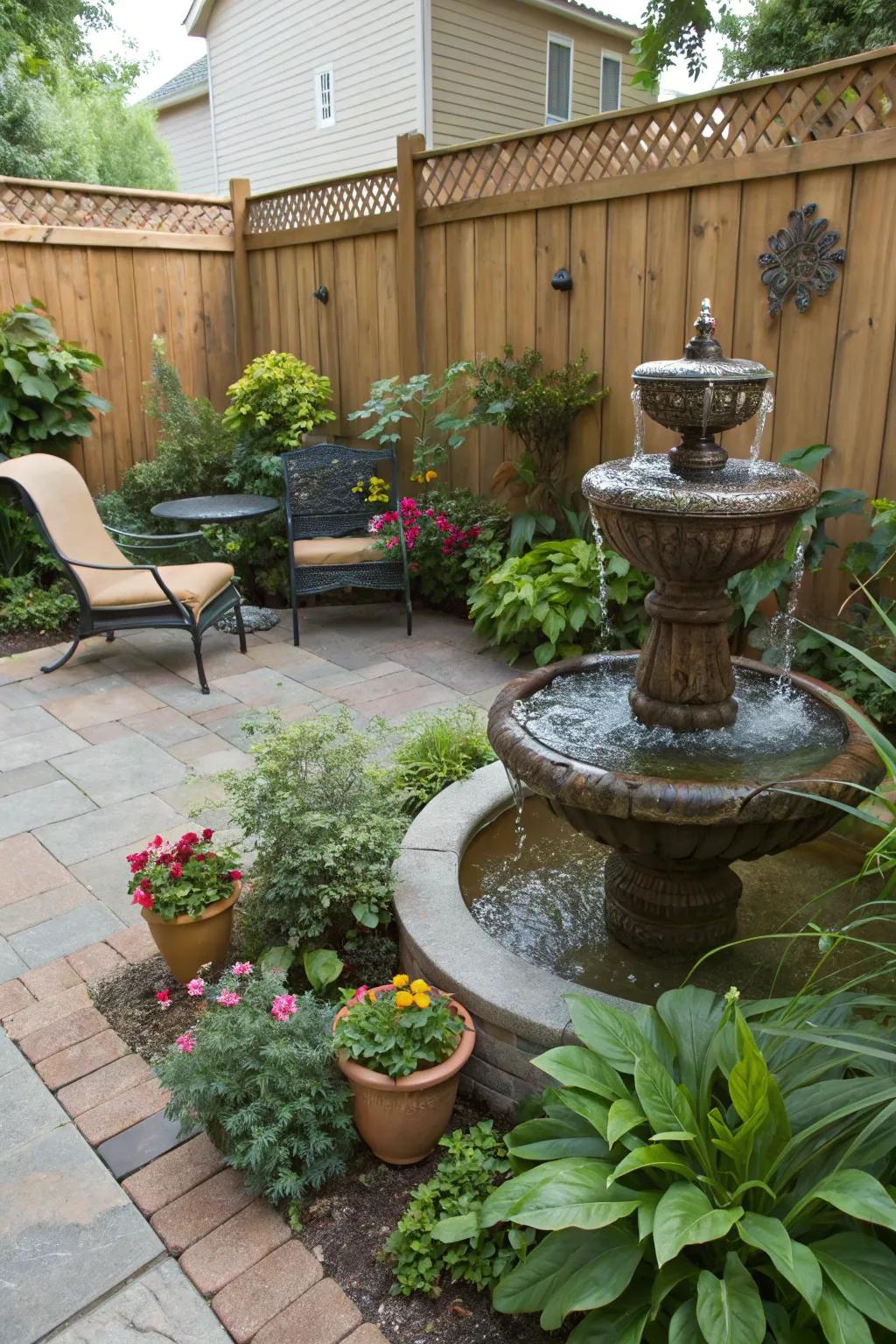 A serene water feature creates a calm ambiance.