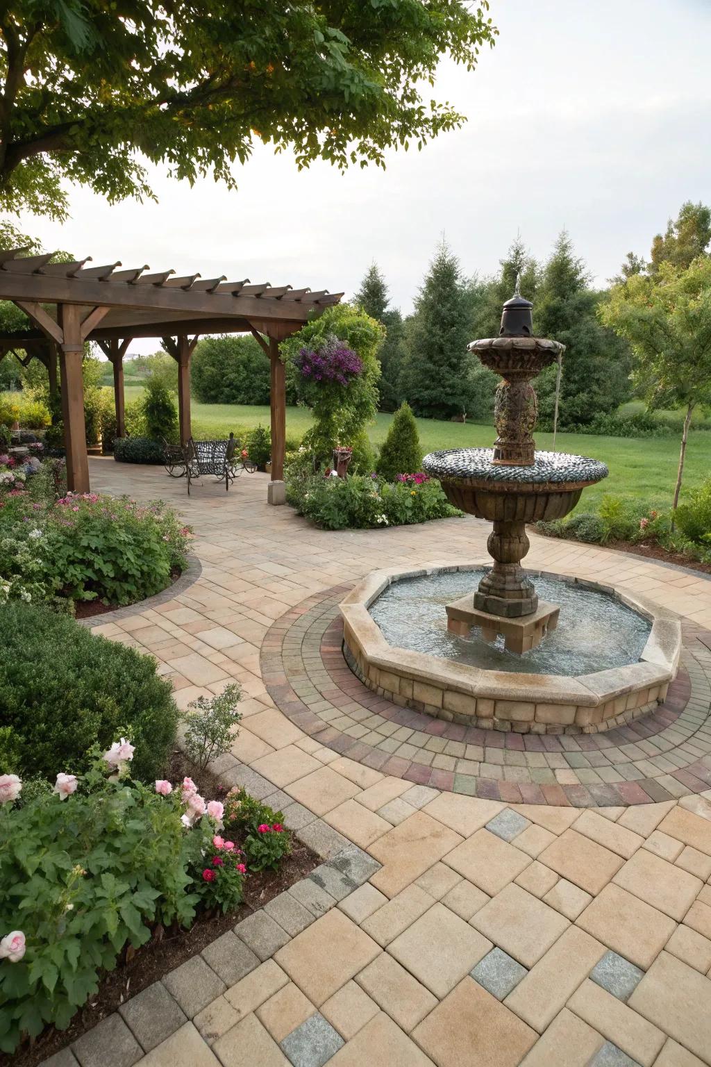 A water feature provides a serene focal point for this patio.