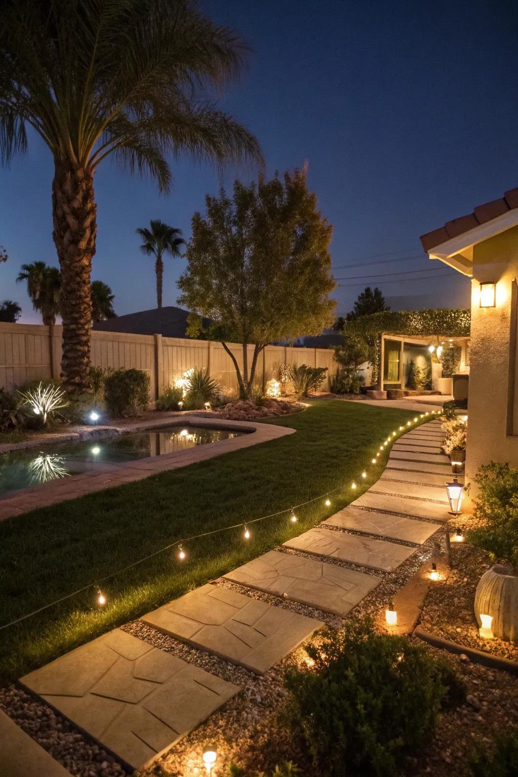 Atmospheric backyard lighting in a Las Vegas setting at night.