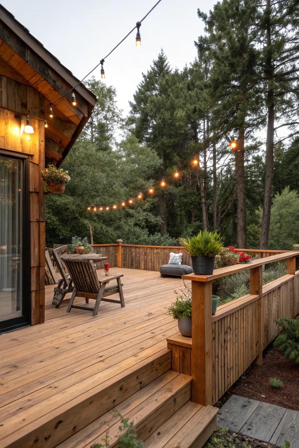 Cedar skirting improves the natural warmth of this rustic deck.