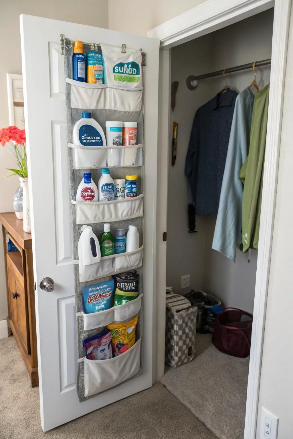A clever door organizer helps save space.