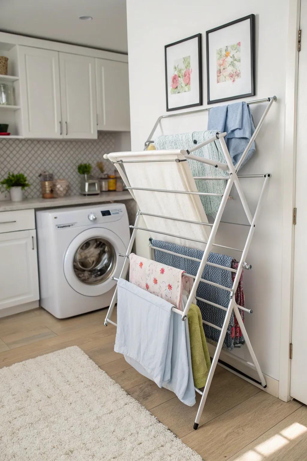 Ideal for small washing areas, a concertina-style drying shelf.