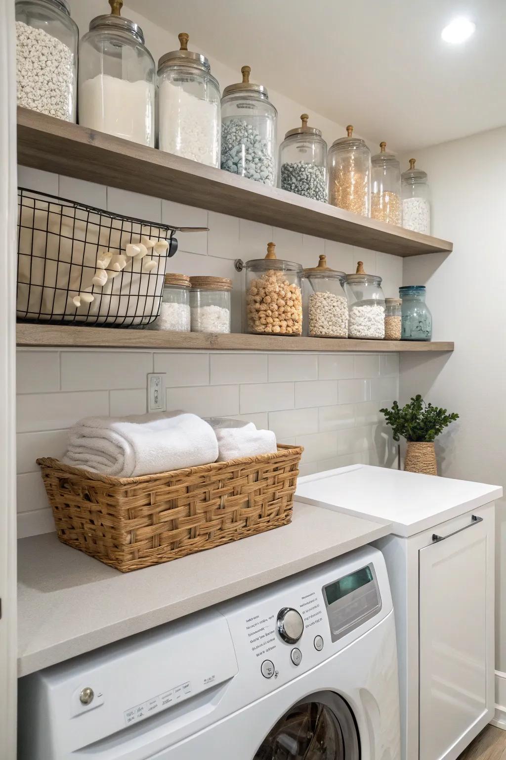 Functional storage with a decorative touch is provided by floating shelves.
