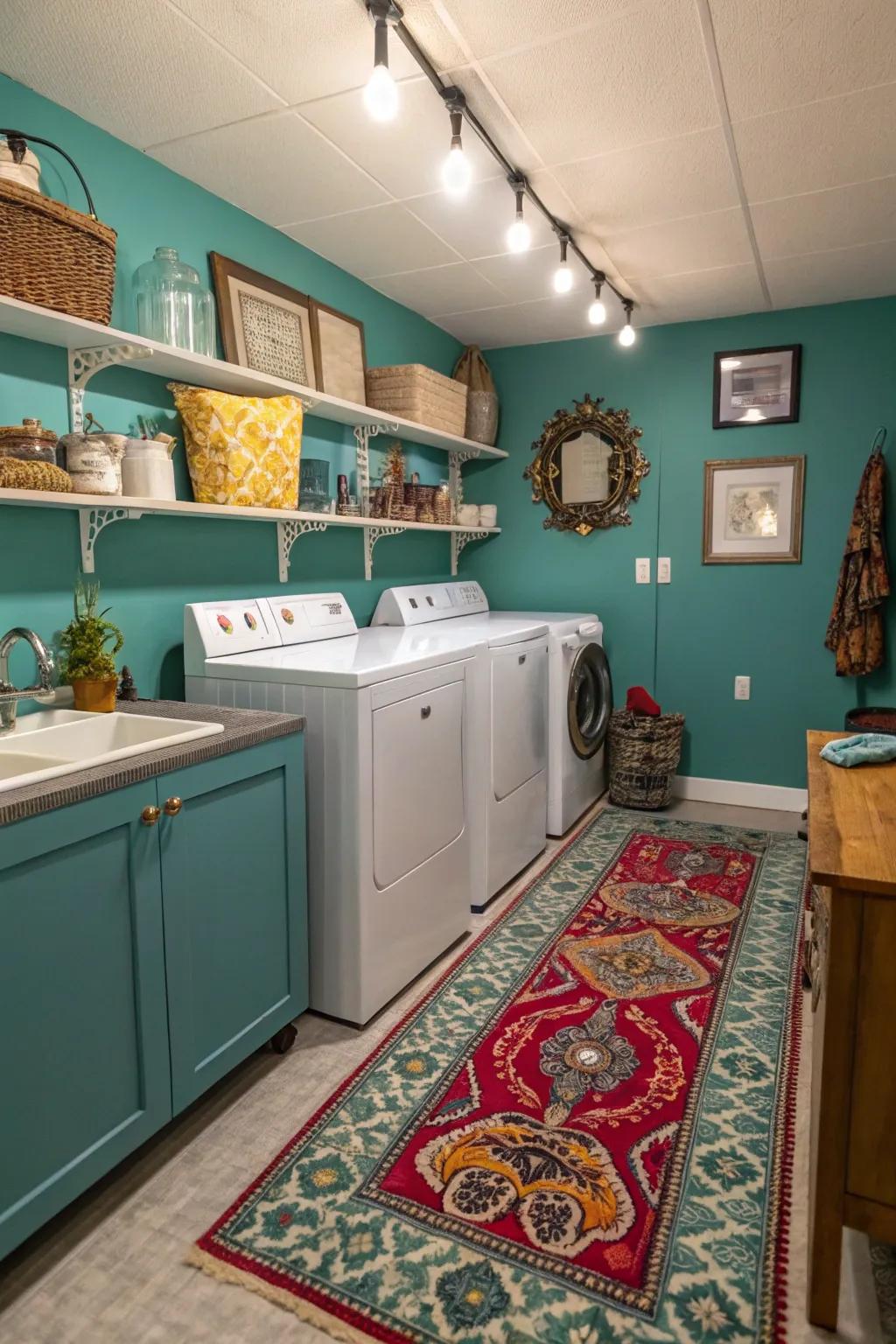 Turquoise infuses strength and depth to your laundry space.