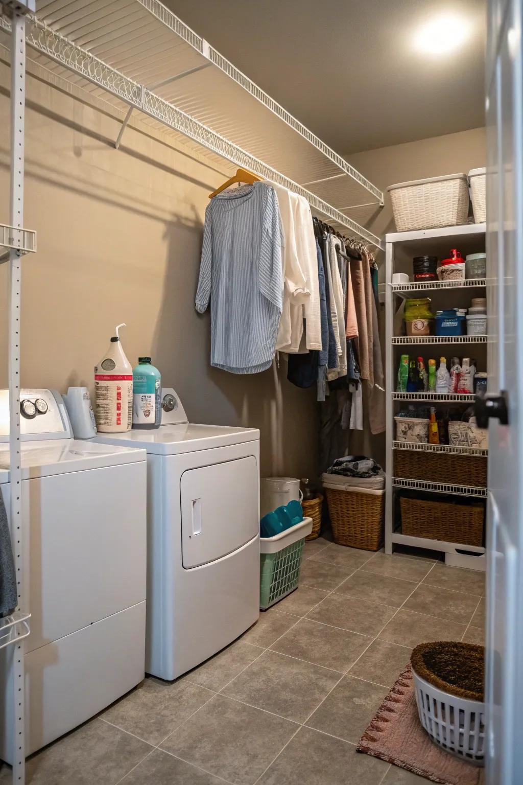 Wire shelving offers a minimalist and functional storage solution.