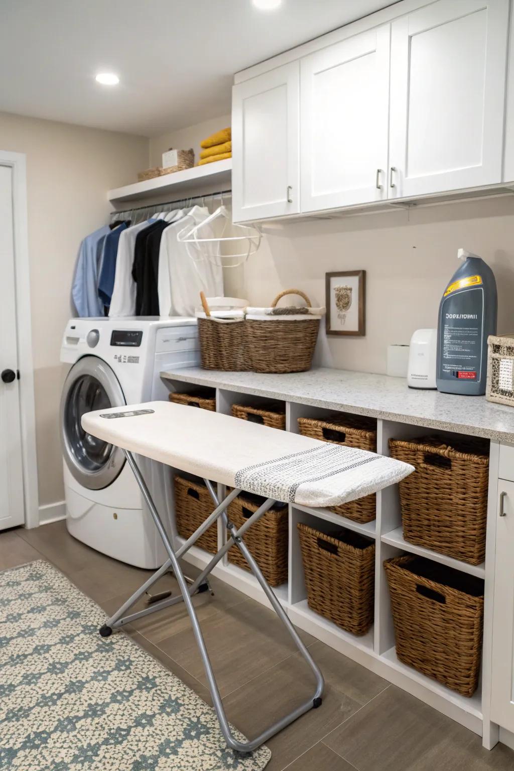 A built-in ironing station blends space-saving with convenience.