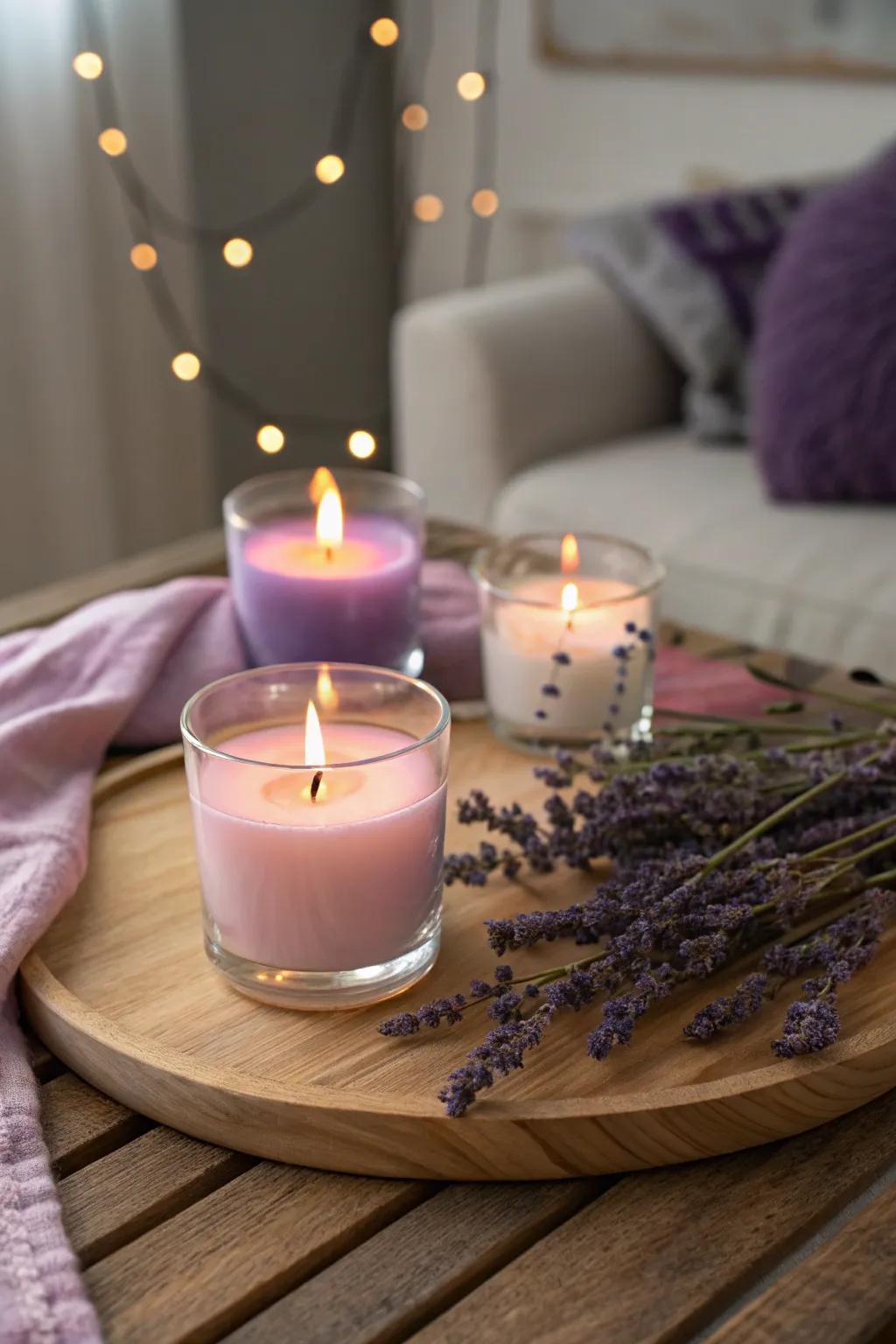 Relaxing ambiance achieved via lavender-scented luminaries.