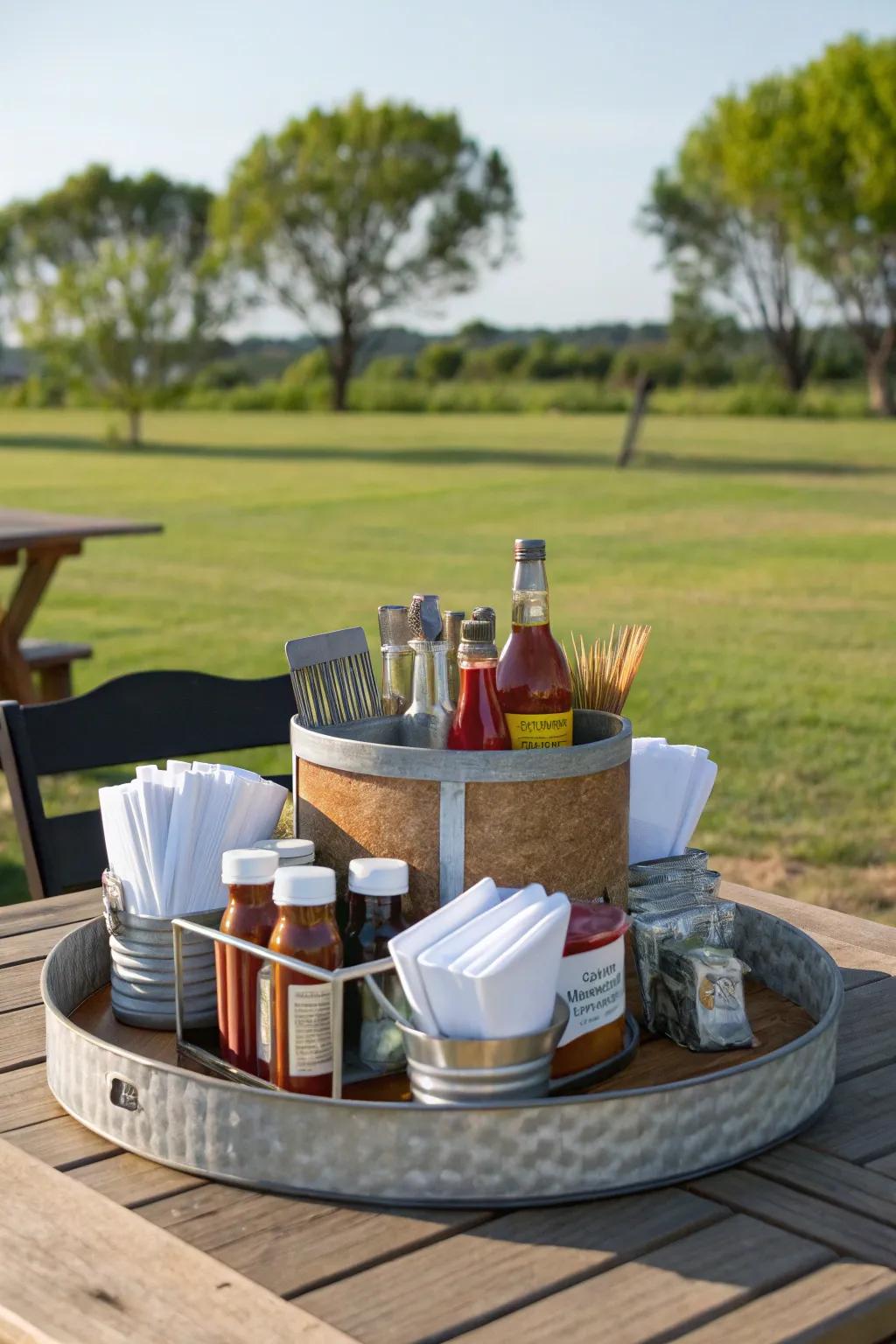 A practical outdoor dining arrangement that features a spinning organizer for simple condiment access.