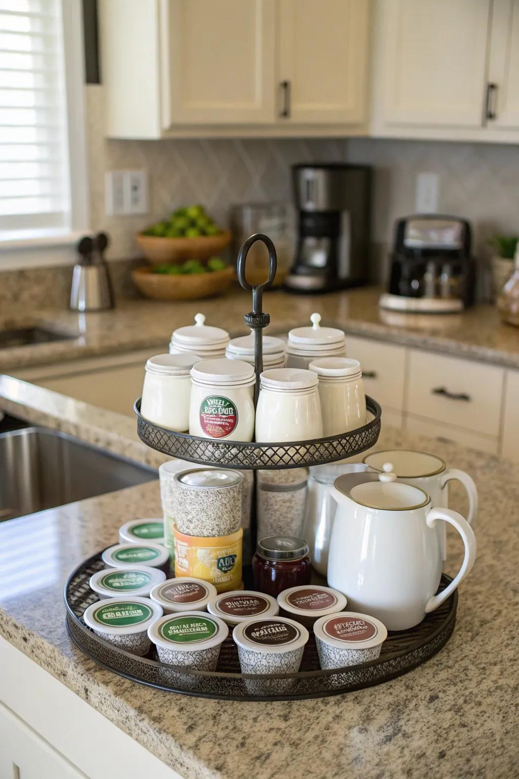 You can quickly construct a practical coffee corner by using a Lazy Susan.