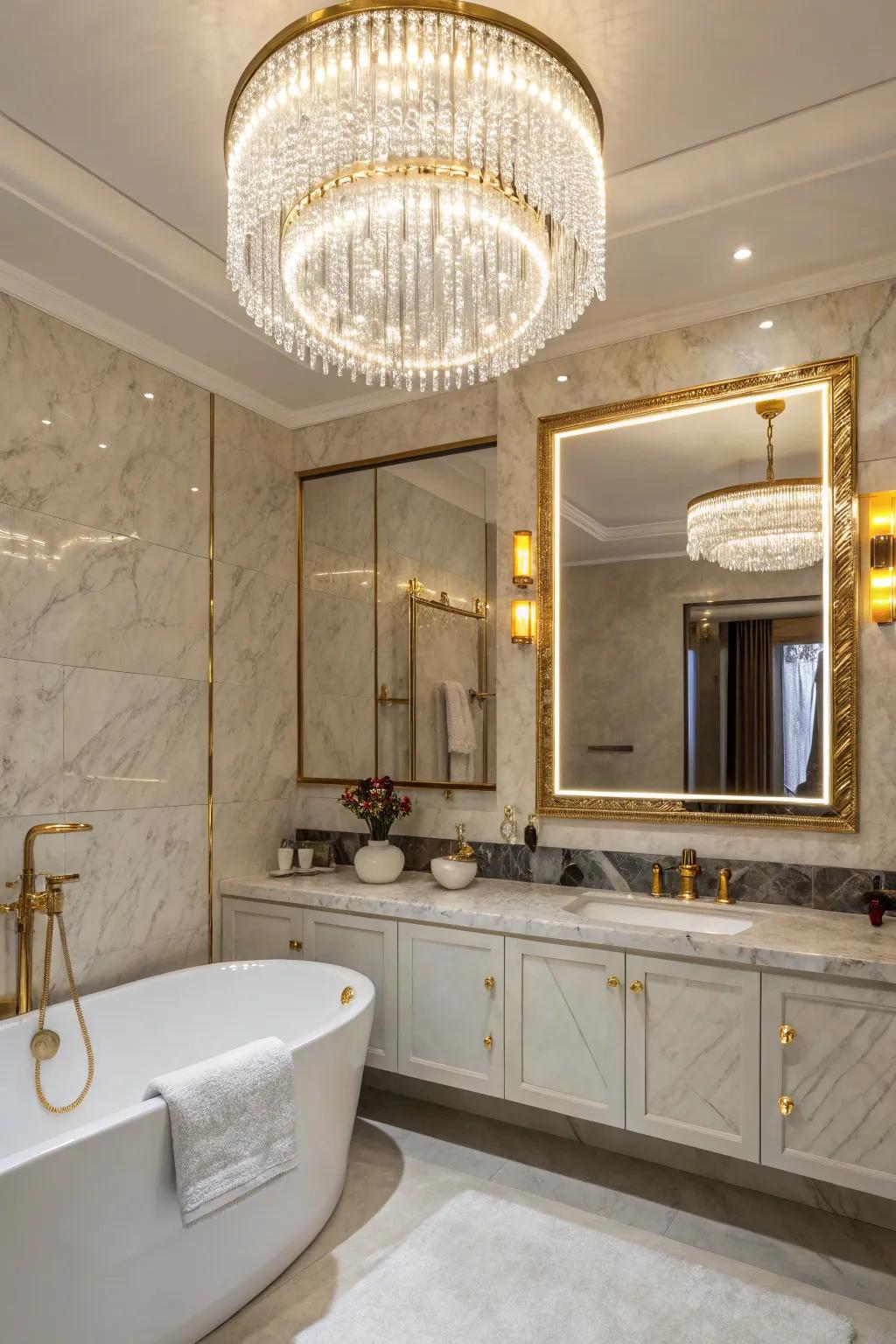 A lavish bathroom featuring a chandelier and an illuminated mirror.