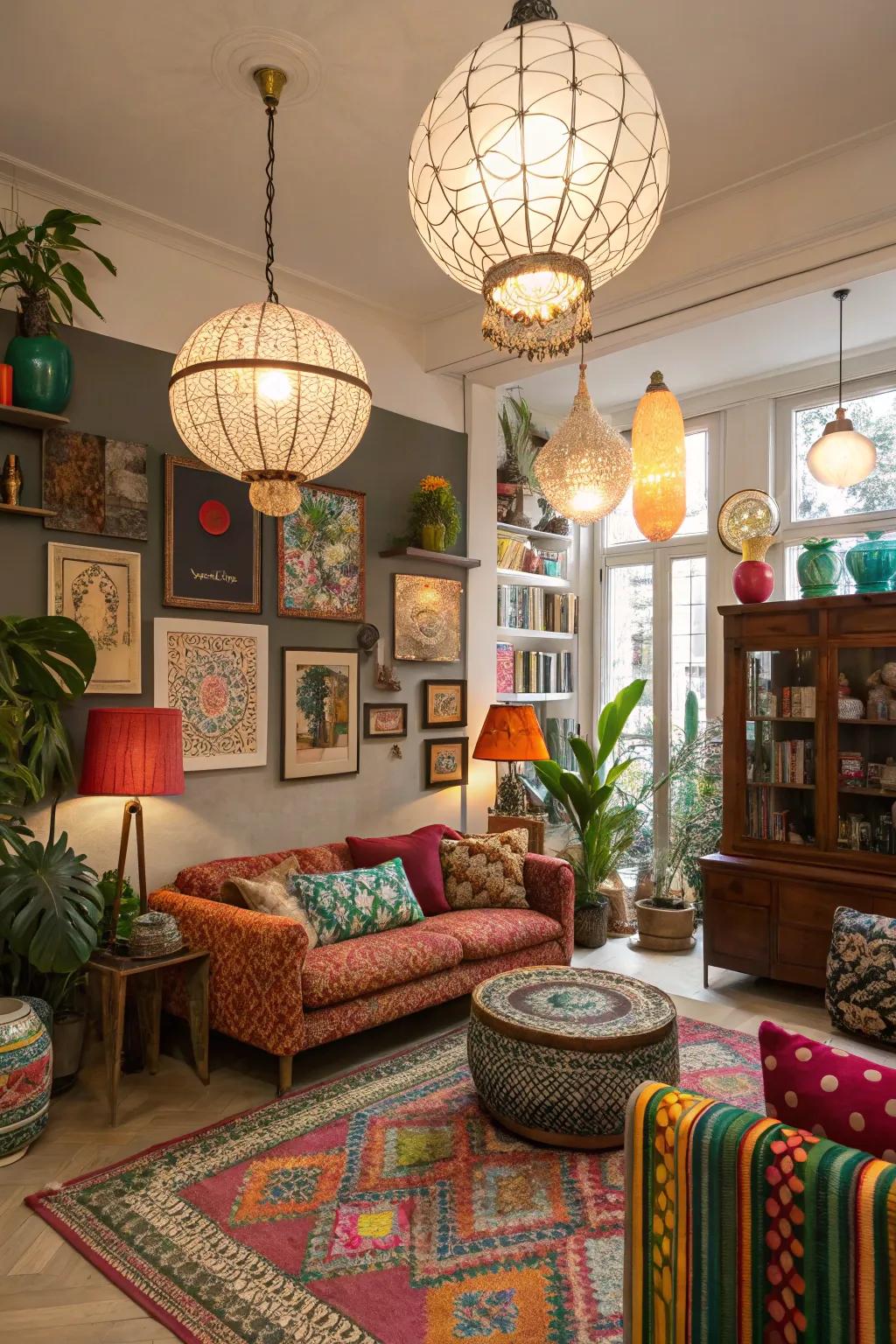 An eclectic integration of illumination fixtures fashions a distinctive style.