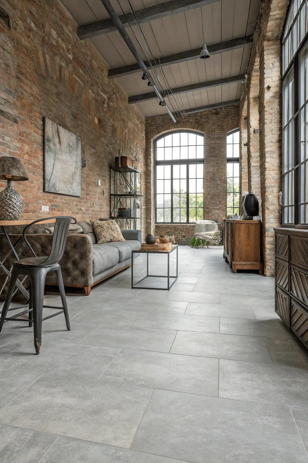 Pale grey rock appearance LVT flooring adds factory-inspired refinement to this space.