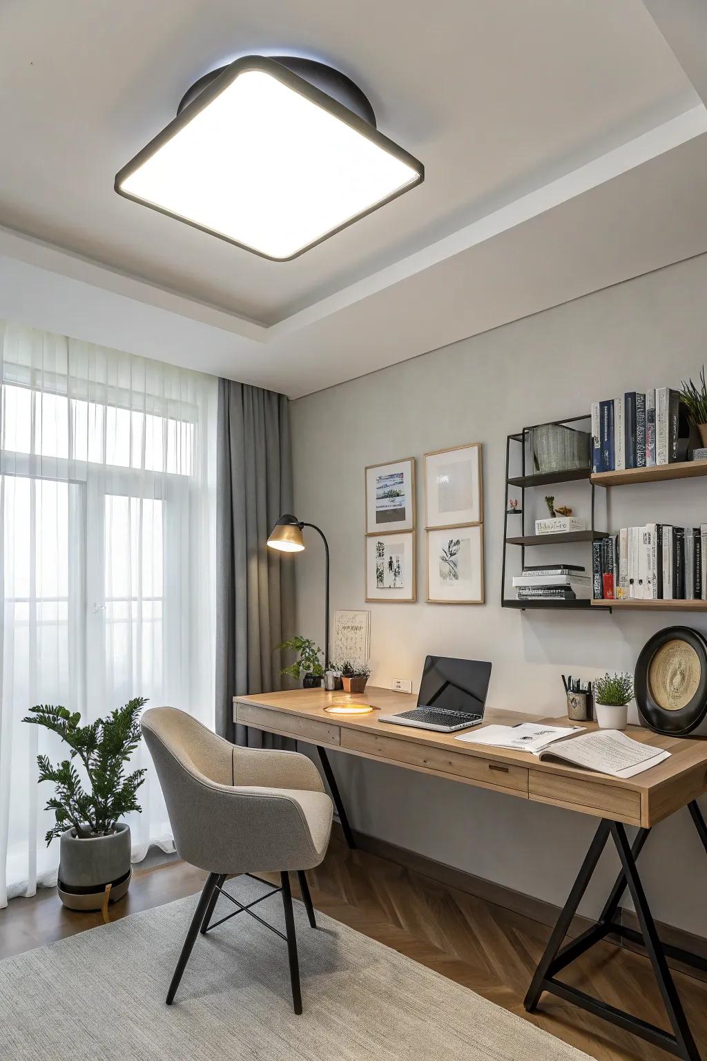 Surface-mounted lights offer widespread illumination for task-oriented areas.