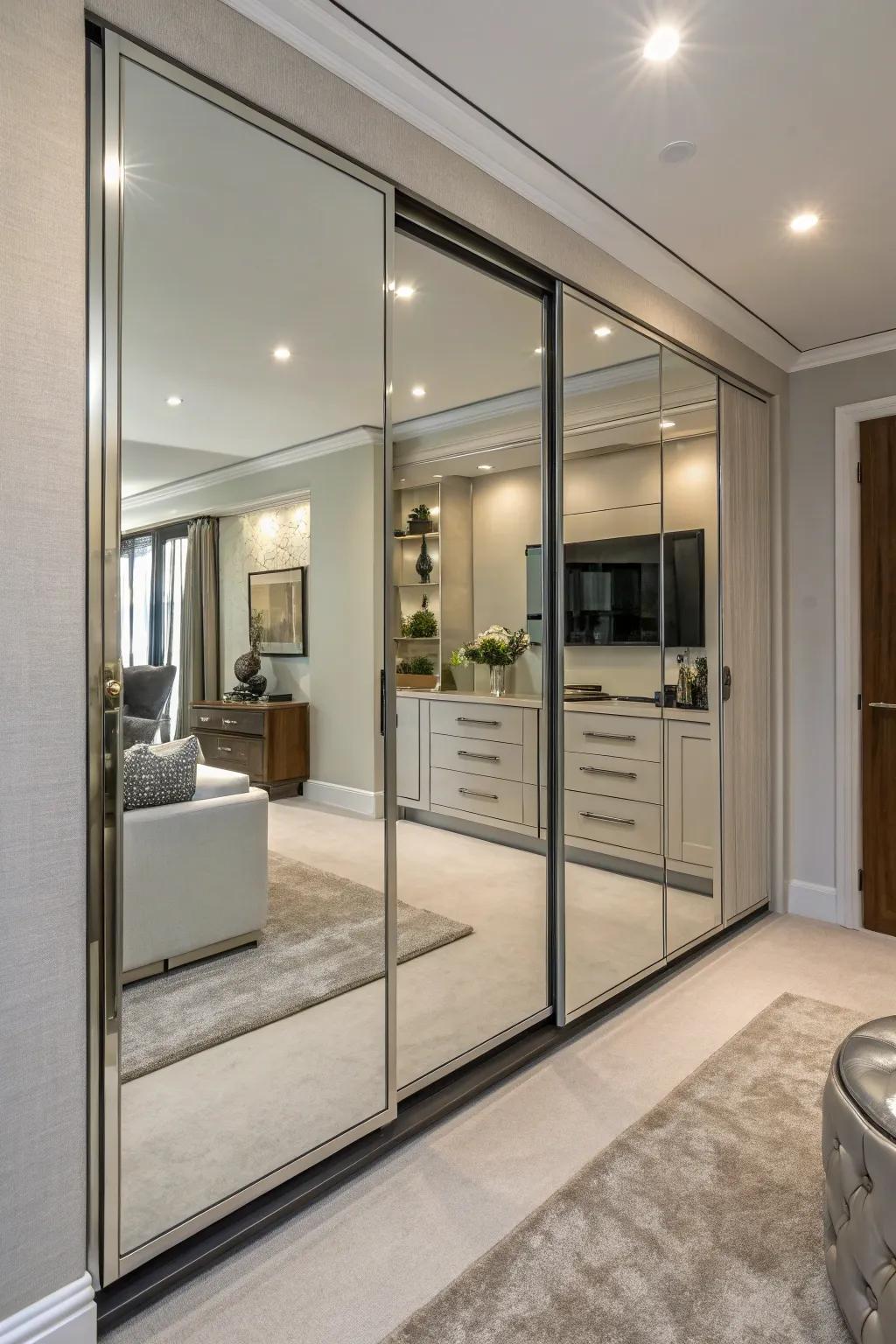 Reflective doors impart sophistication and the illusion of space to a linen closet.