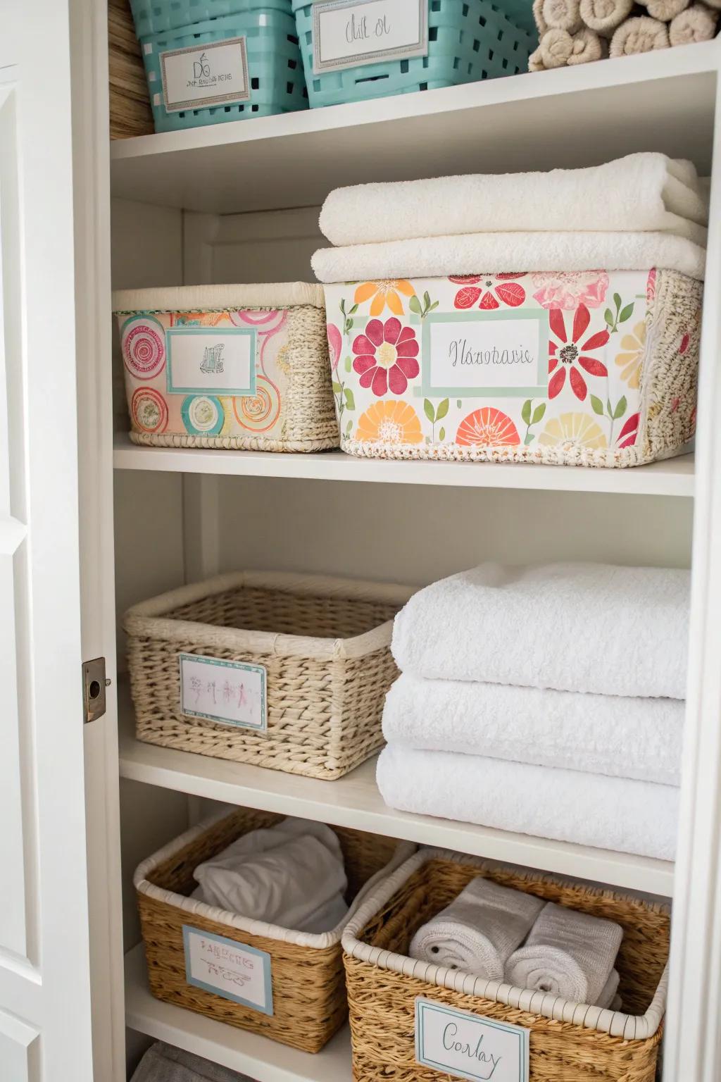 Decorative labels help maintain organization in a linen closet.