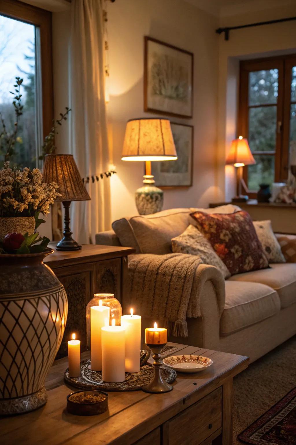 Soft lighting casts a serene and intimately cozy ambiance throughout this living room.