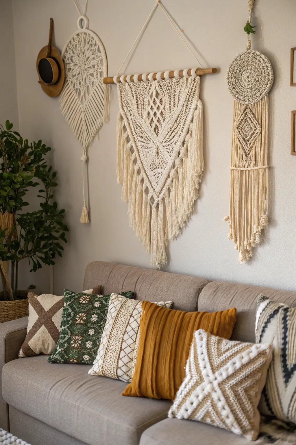 Textured wall art enhances the bohemian farmhouse vibe.