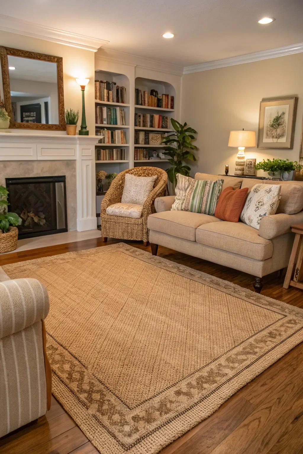 A decorative rug defining a cozy seating area.