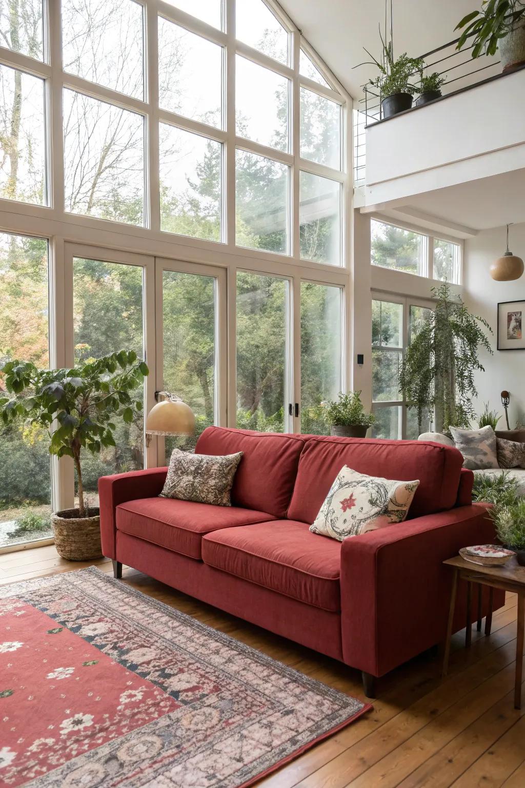 Natural illumination enhances the vibrant allure of a ruby settee, fashioning an open and welcoming space.