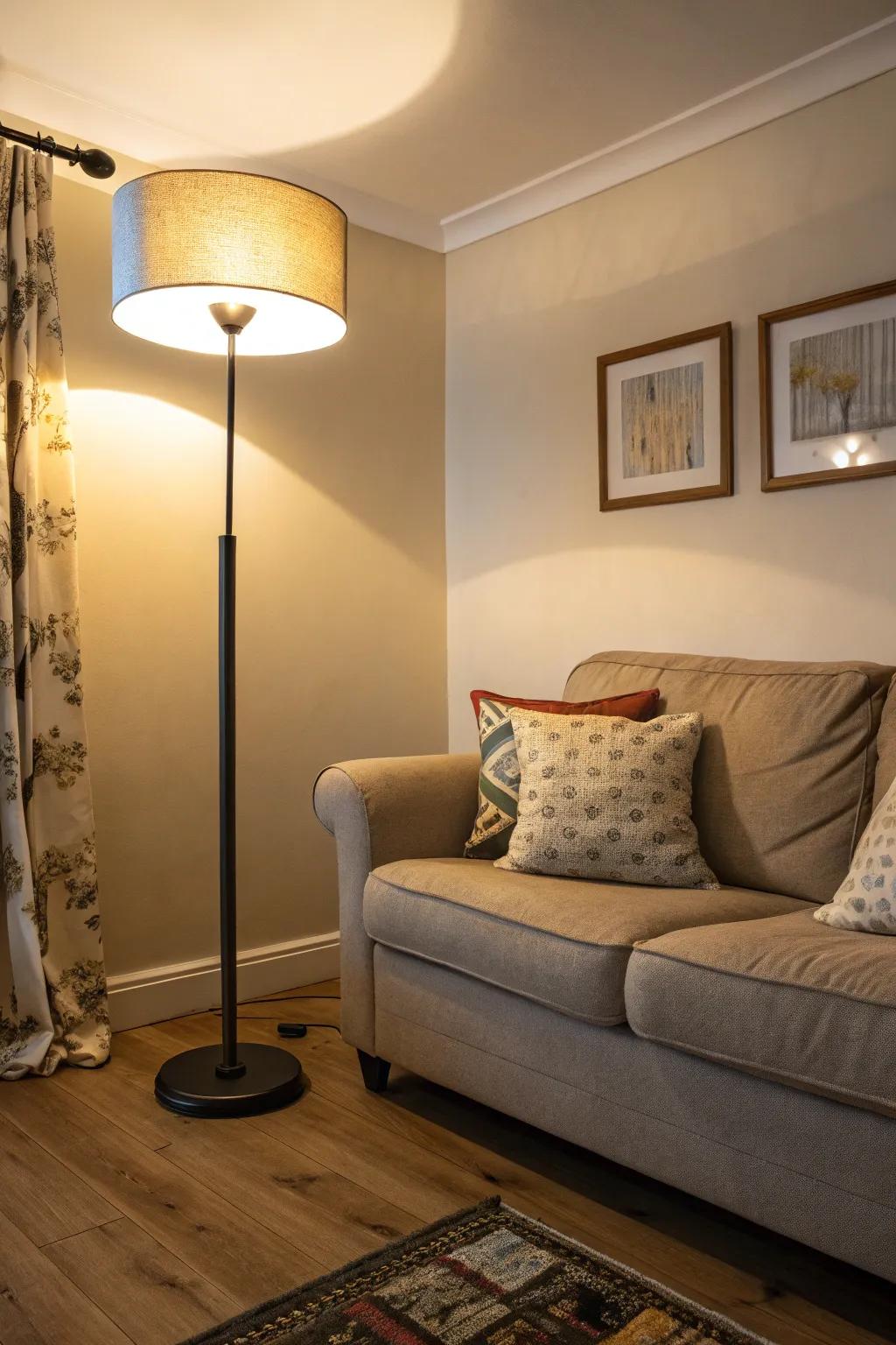 Slender standing lights offer light without cluttering the floor area.