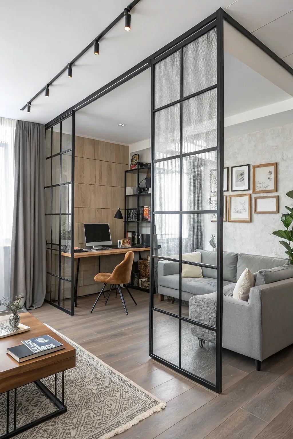 A room divider adds privacy and style to the workspace.