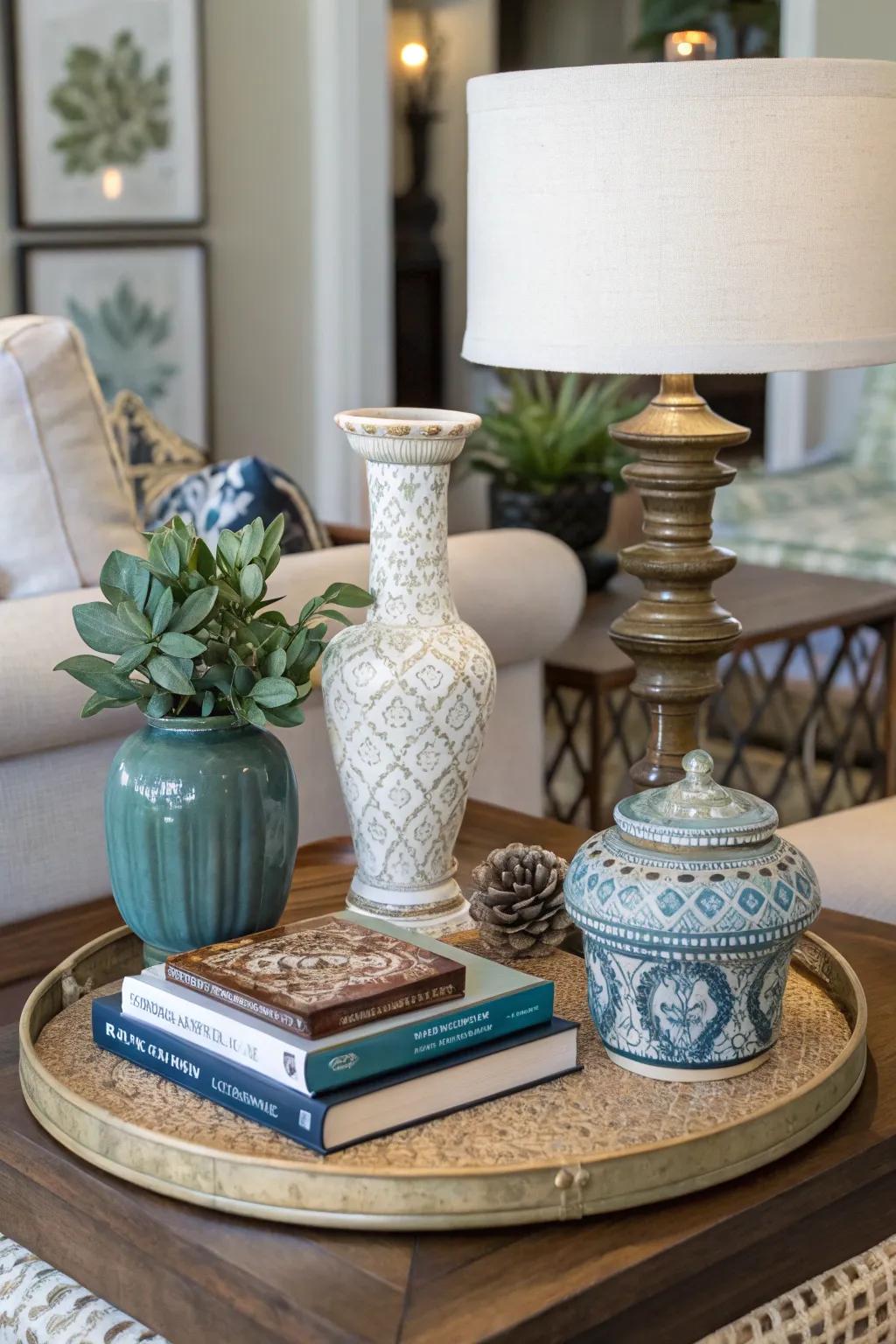Varied height arrangement on side tables creating an intriguing display.