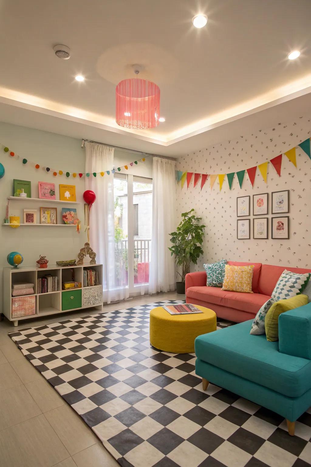 Playful living room with checkerboard patterned tiles.