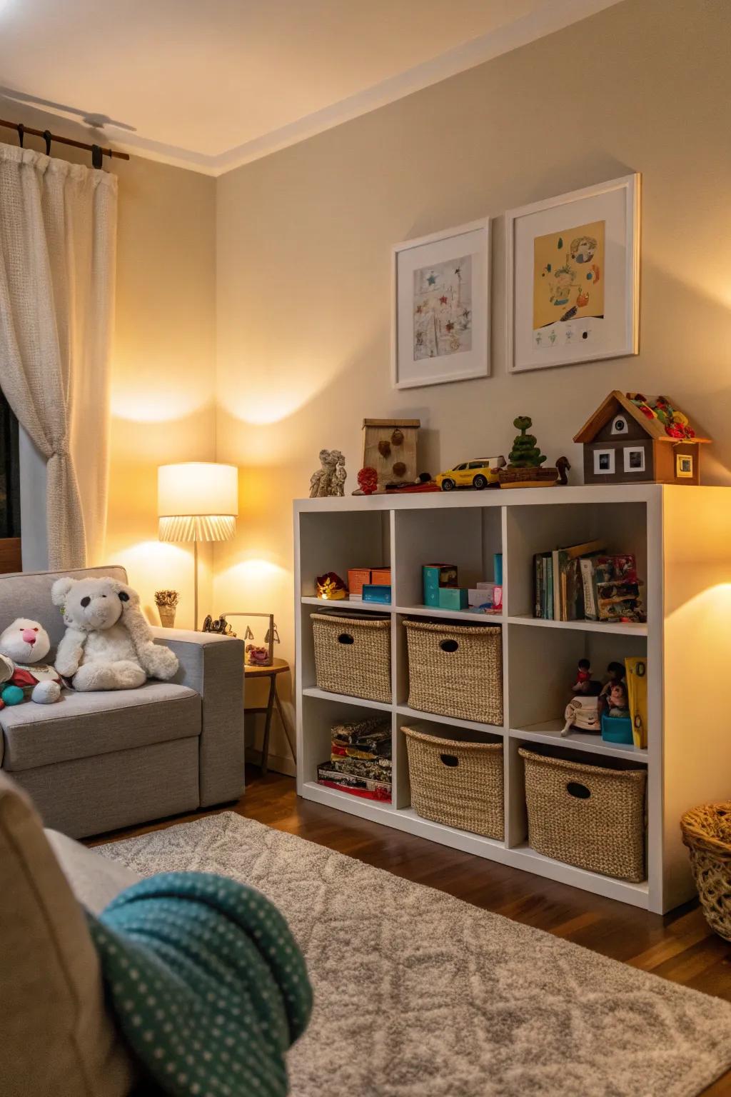 A toy swap system keeps the living room organized and fresh.