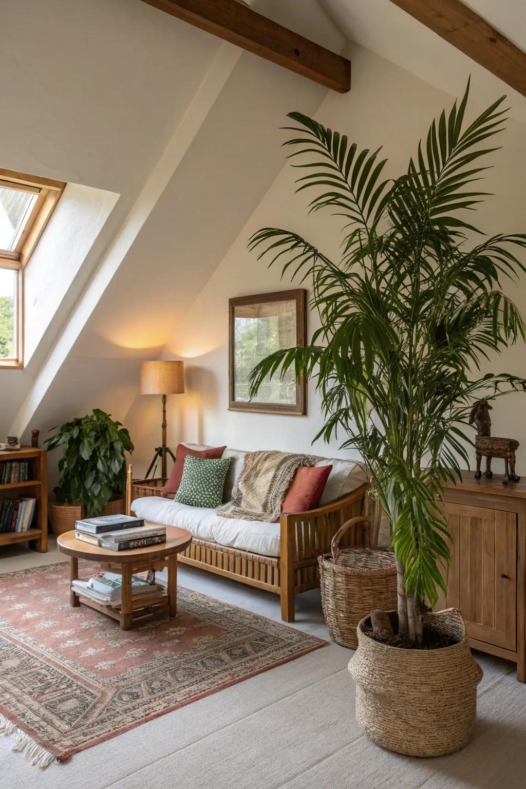 Houseplants introduce vitality to a vaulted room.