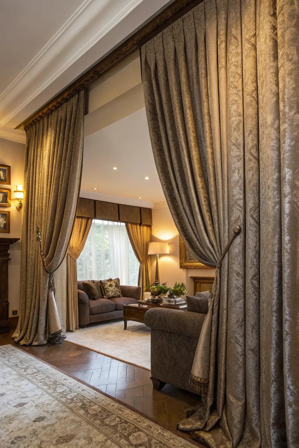 Wall-to-wall window dressings enhance the sense of drama and coziness.