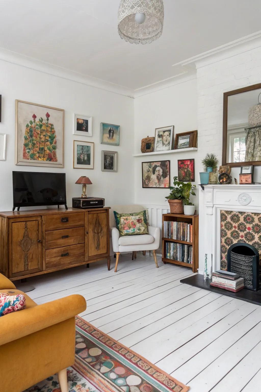 Eclectic decor infuses unique charm into a room featuring white wood floors.