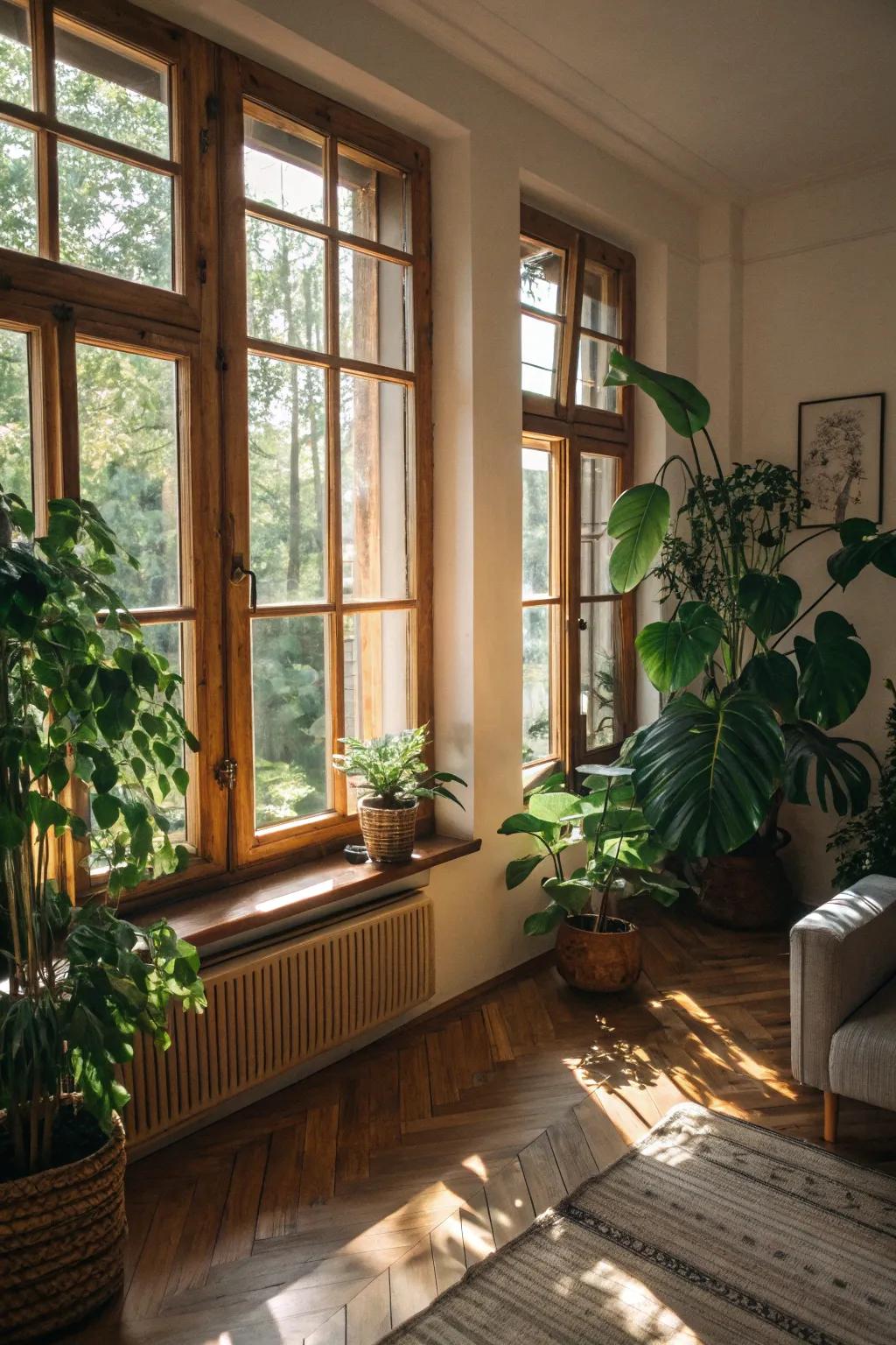 Organic accents like wood and plants crafting a peaceful setting.