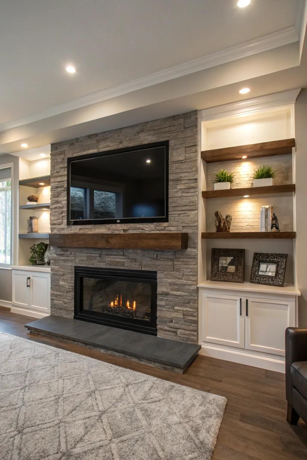 A modern living room featuring a display installed above a sleek, modern hearth.